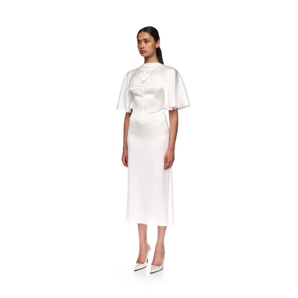 David Koma Lace Rose Embroidered Satin Midi Dress In Yellow, view 3