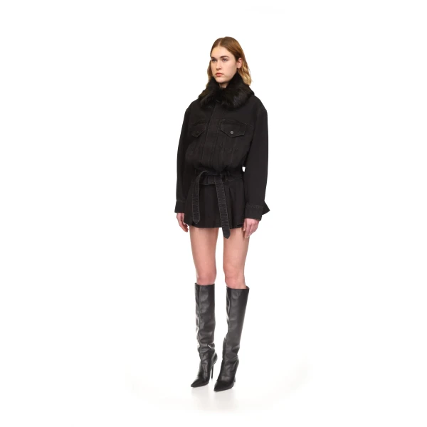 David Koma Oversized Denim Jacket With Faux-fur Collar, view 3