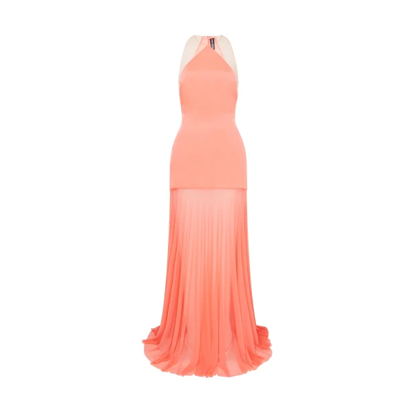 Satin Halterneck Gown With Mesh Skirt In Neon Coral