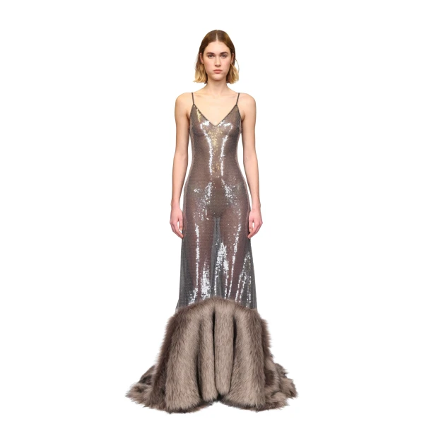 David Koma Sequin Gown With Faux Fur Hem, view 2