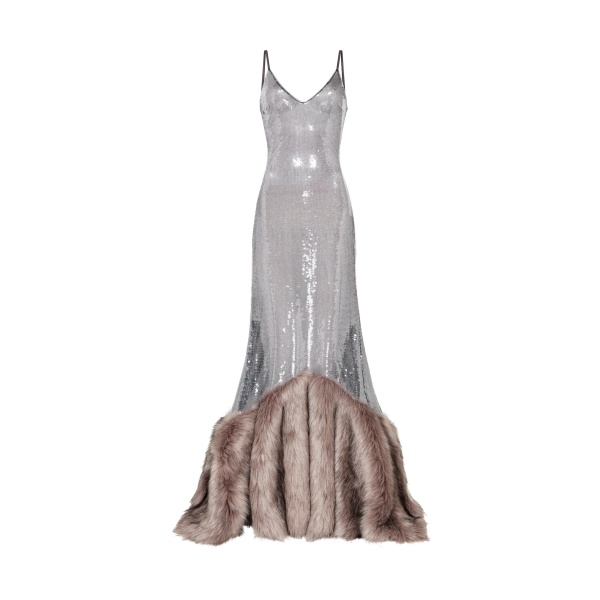 David Koma Sequin Gown With Faux Fur Hem