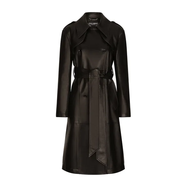 Belted double-breasted leather coat