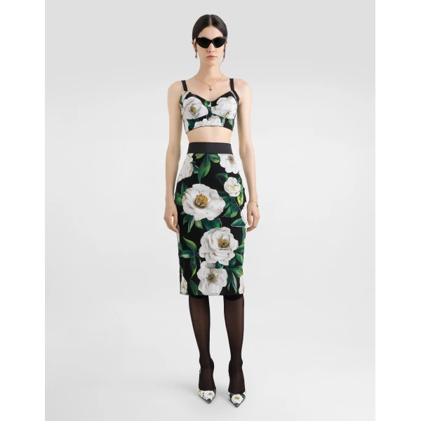 Dolce & Gabbana Calf-length stretch pencil skirt with gardenia print, view 2