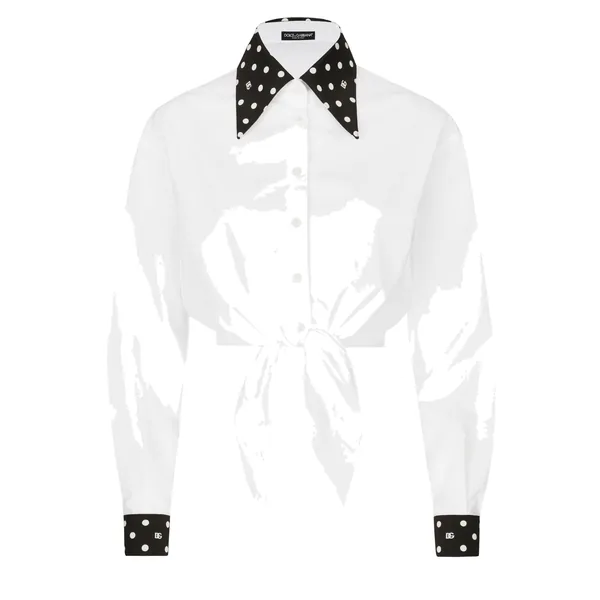 Cropped cotton poplin shirt with knot detail and polka-dot print