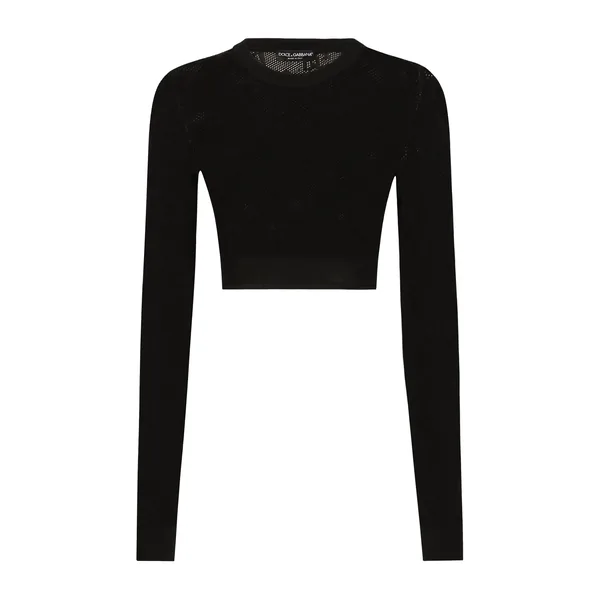 Dolce & Gabbana Cropped mesh-stitch viscose sweater with jacquard DG logo
