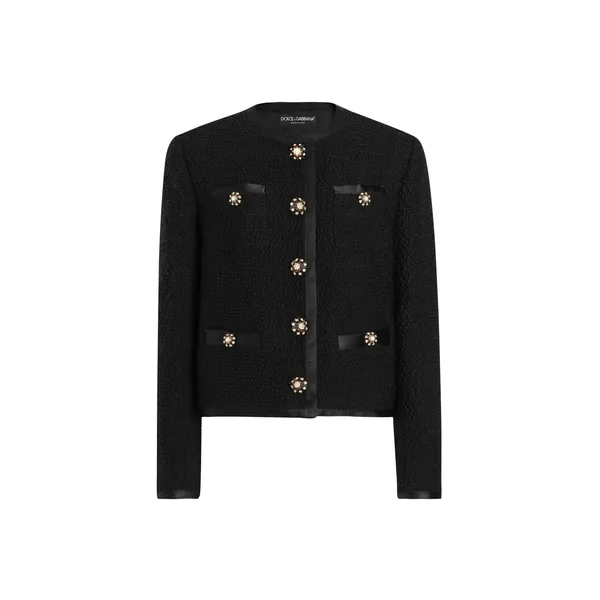 Cropped single-breasted bouclé tweed jacket with bejeweled buttons