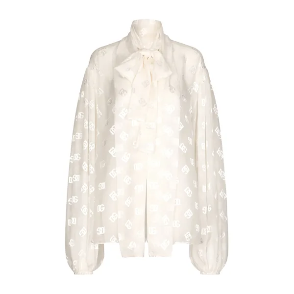 Devoré satin pussy-bow shirt with all-over DG logo