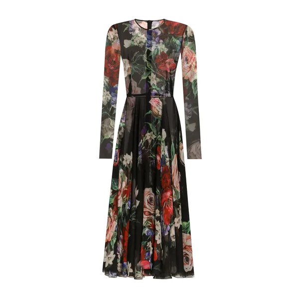 Floral-print chiffon calf-length dress with circle skirt