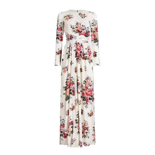 Flower bouquet-print charmeuse dress