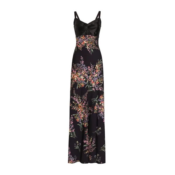 Flower bouquets-print long charmeuse dress