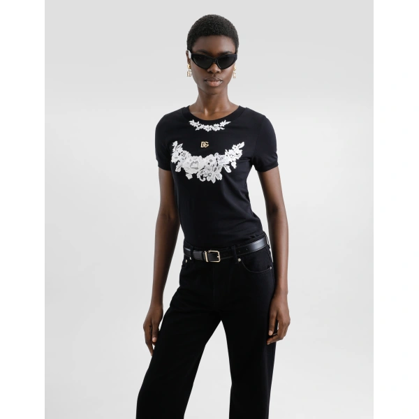 Dolce & Gabbana Jersey T-shirt with DG logo and lace details Top, view 5