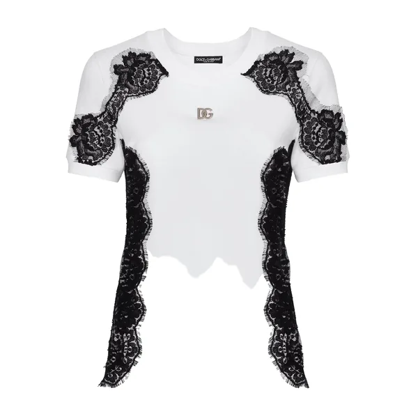 Dolce & Gabbana Jersey T-shirt with DG logo and lace inserts Top