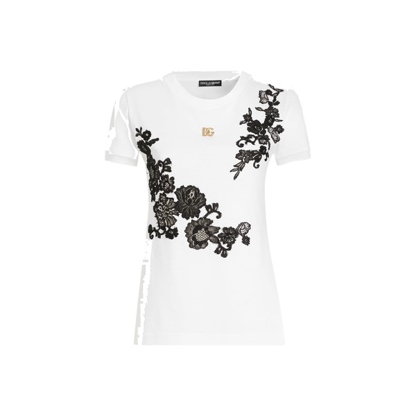 Dolce & Gabbana Jersey T-shirt with DG logo pin and lace details Top