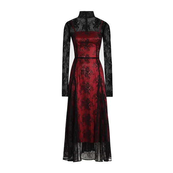 Lace calf-length dress with high neck and contrasting lining
