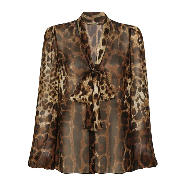 Leopard-print chiffon pussy-bow shirt