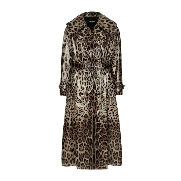 Leopard-print coated satin trench coat