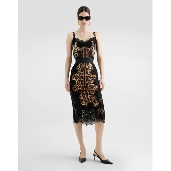 Dolce & Gabbana Leopard-print satin midi skirt with lace inserts, view 2