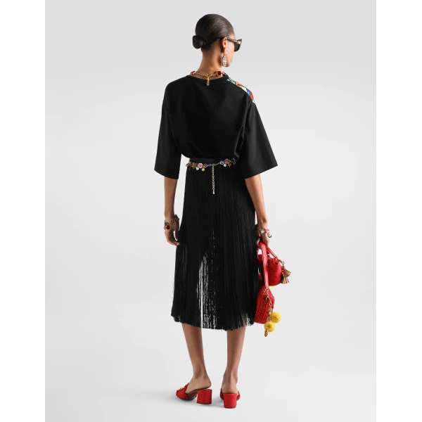 Dolce & Gabbana Long fringed skirt in satin, view 3