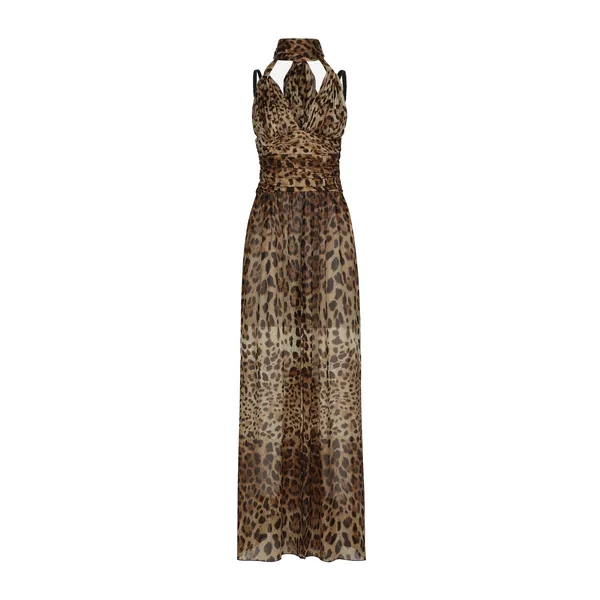 Long leopard-print chiffon dress