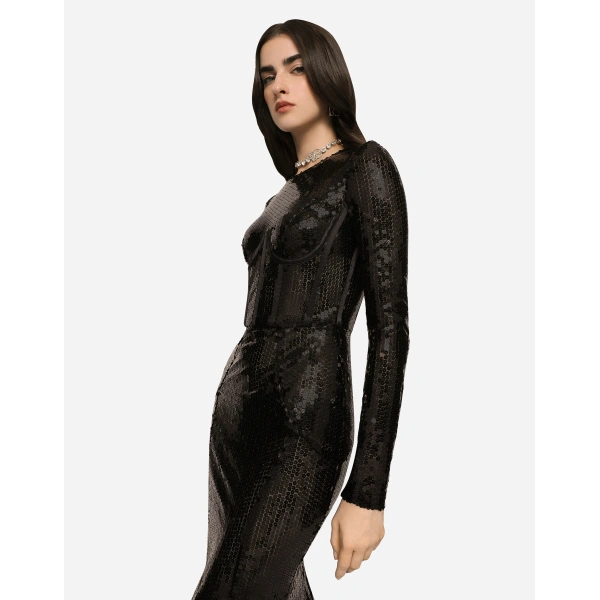 Dolce & Gabbana Long sequined dress with corset detailing, view 3