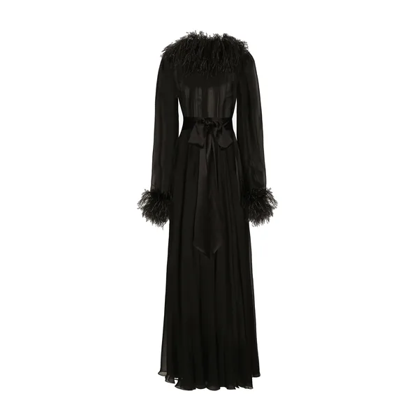 Long silk chiffon dress with ostrich feather details