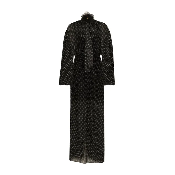 Dolce & Gabbana Long silk chiffon dress with polka-dot print, a pussy-bow detail and flower on neck