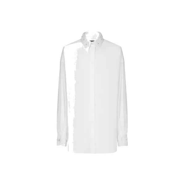 Long-sleeved cotton shirt with embroidered collar