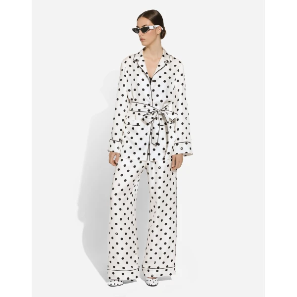 Dolce & Gabbana Long-sleeved silk pajama shirt with polka-dot print, view 6