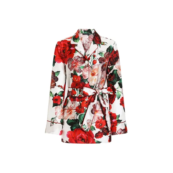 Long-sleeved twill pajama shirt with rose print