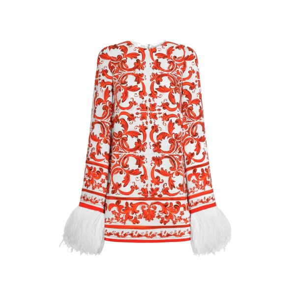 Dolce & Gabbana Majolica-print charmeuse dress with feather trim