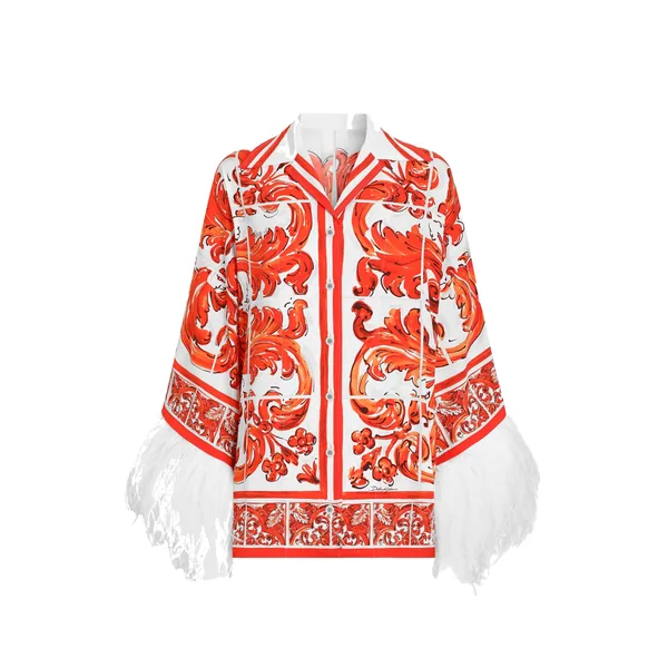 Majolica-print charmeuse shirt with feather trim