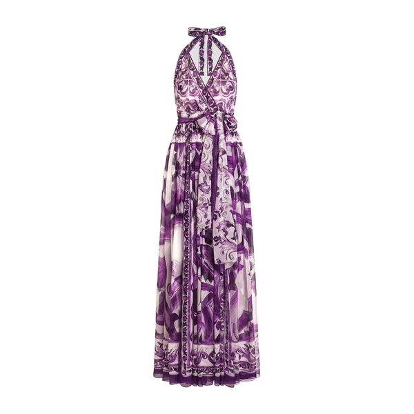 Majolica-print long chiffon dress
