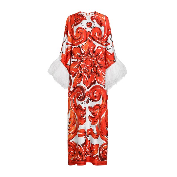 Dolce & Gabbana Majolica-print long kaftan dress with feather trim
