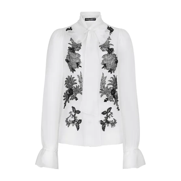 Dolce & Gabbana Organza pussy-bow shirt with lace appliqués