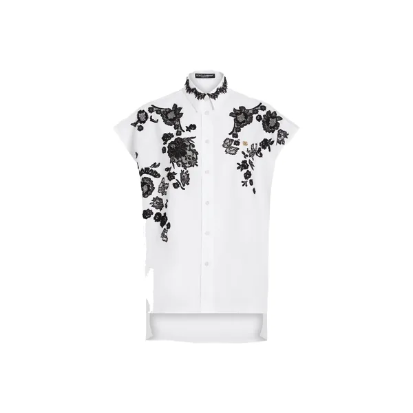 Oversize cotton poplin shirt with lace appliqués