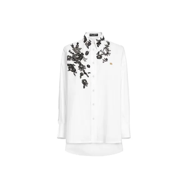 Oversize cotton poplin shirt with lace appliqués