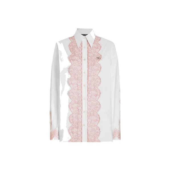 Oversize cotton poplin shirt with lace appliqués