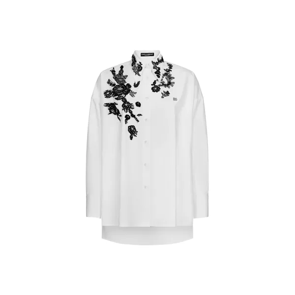Oversize cotton shirt with lace appliqués