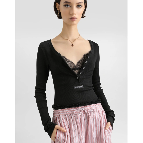 Dolce & Gabbana Ribbed cotton serafino t-shirt Top, view 4