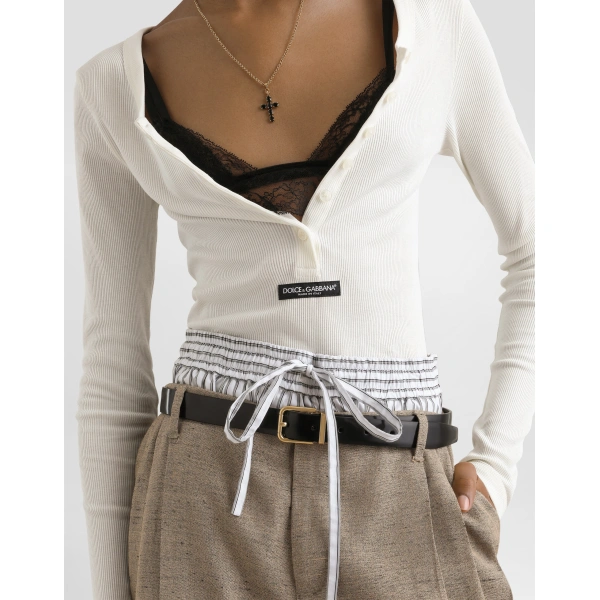 Dolce & Gabbana Ribbed cotton serafino t-shirt Top, view 5