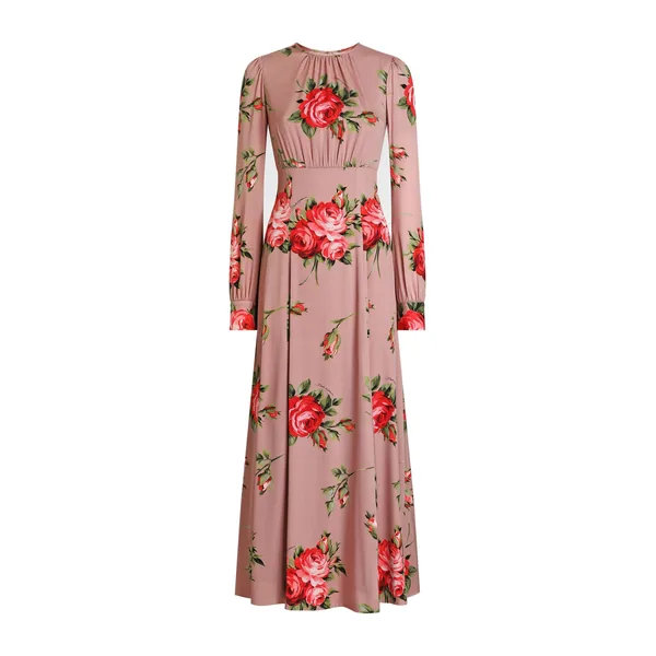 Rose bouquet-print charmeuse long dress