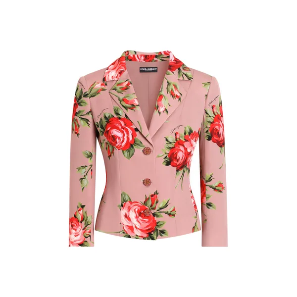 Rose bouquet-print charmeuse single-breasted jacket