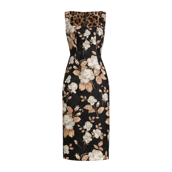 Rose-print brocade dress
