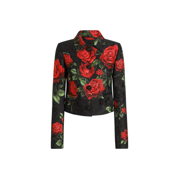 Rose-print brocade jacket with jewel buttons