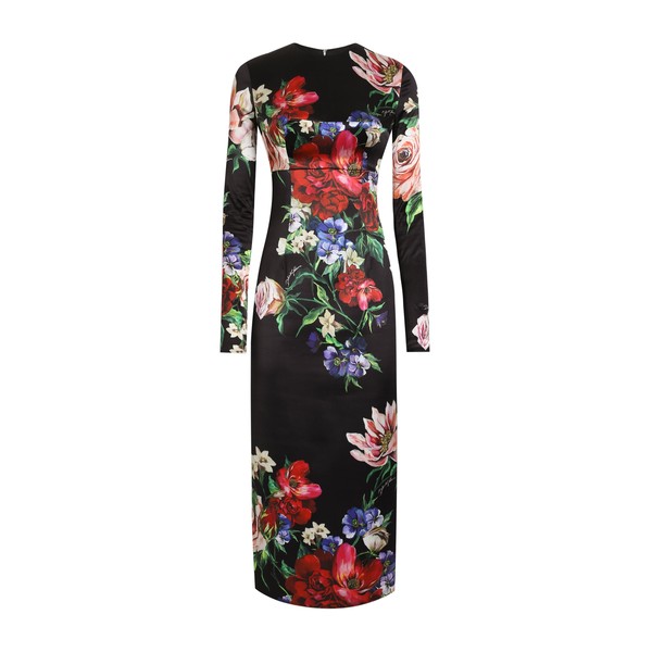 Dolce & Gabbana Satin calf-length round-neck dress with floral print
