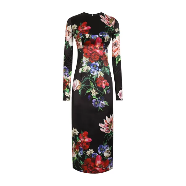 Satin calf-length round-neck dress with floral print