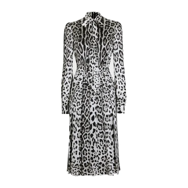 Dolce & Gabbana Satin calf-length shirt dress with pussy-bow and leopard print