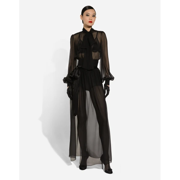 Dolce & Gabbana Short silk chiffon pussy-bow blouse, view 3