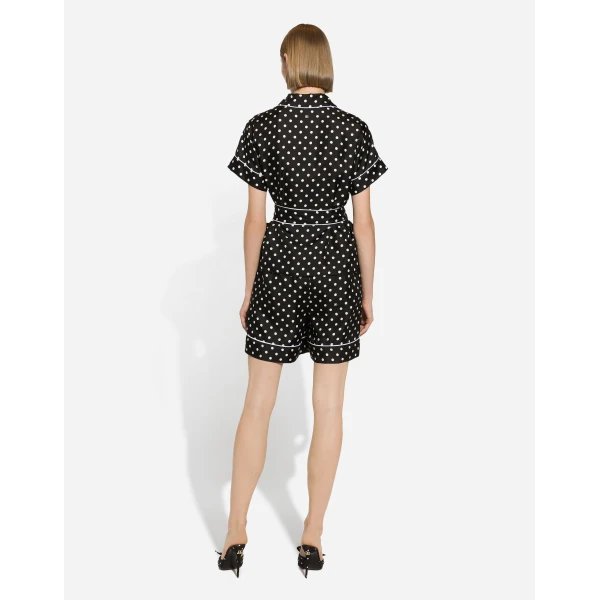 Dolce & Gabbana Short-sleeved silk pajama shirt with polka-dot print, view 3