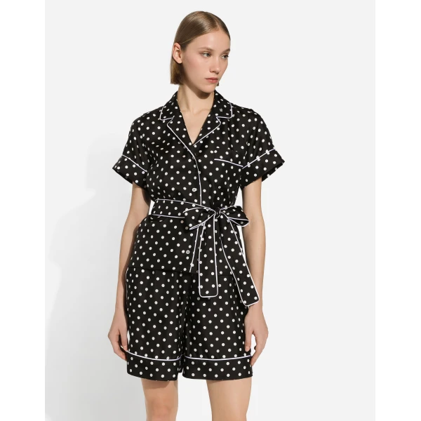 Dolce & Gabbana Short-sleeved silk pajama shirt with polka-dot print, view 4